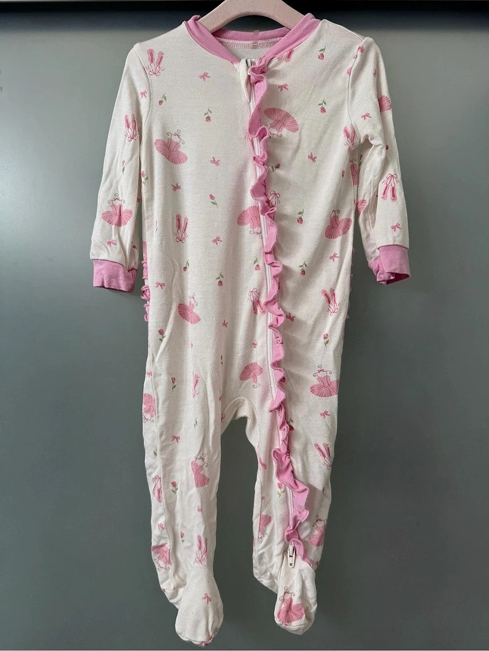 milkberry Ballerina Ruffle Zip Footie Pink & White Floral Baby 3-6M